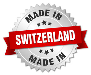 made in Switzerland silver badge with red ribbon