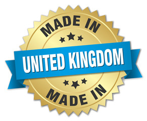 made in United Kingdom gold badge with blue ribbon