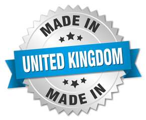 made in United Kingdom silver badge with blue ribbon