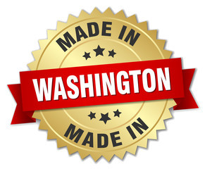 made in Washington gold badge with red ribbon