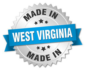 made in West Virginia silver badge with blue ribbon