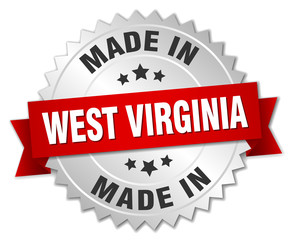 made in West Virginia silver badge with red ribbon