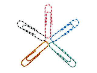 Five colorful paperclips.