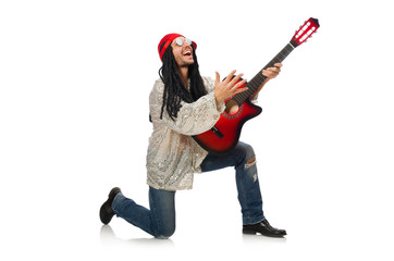 Naklejka premium Male musician with guitar isolated on white