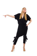 Pretty young woman in black clothing isolated on white