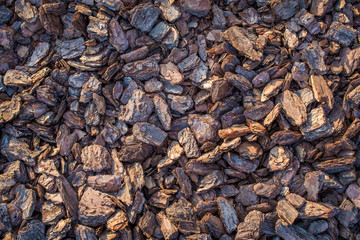 Tree bark mulch. Shredded brown tree bark for decoration and mulching. Background texture closeup