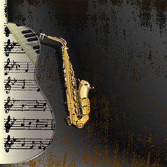Naklejka premium saxophone on a rusty metallic background with a cutout in the form of acoustic, in the background musical sheets and piano keys.It can be used as a billboard or separately with any text.