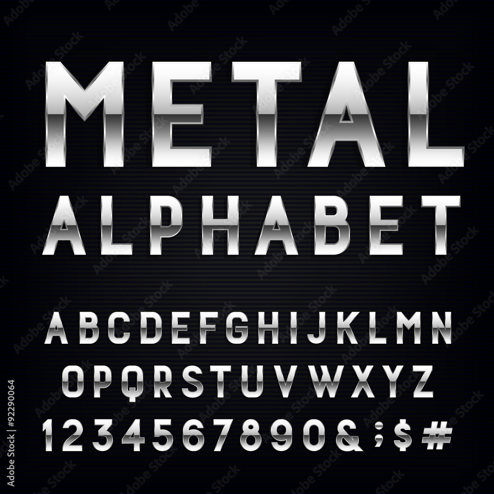 Fototapete metal alphabet vector font. type letters, numbers and punctuation marks. chrome effect letters on da