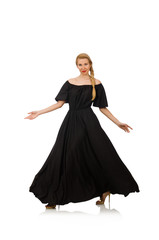Fototapeta premium Tall woman in long black dress isolated on white