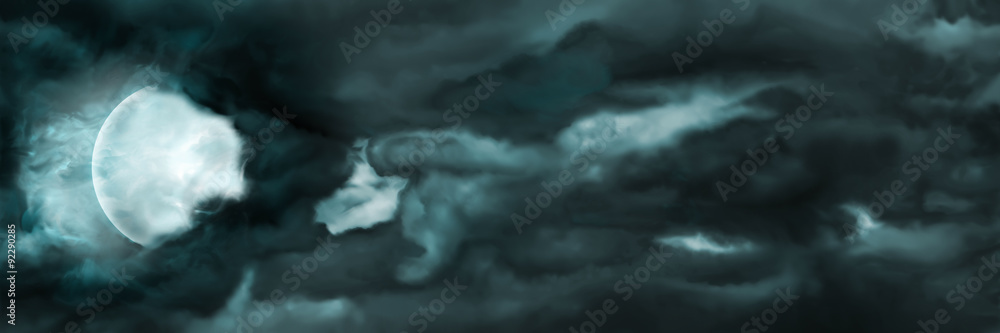 Wall mural night sky with the moon and clouds banner. illustration sinister storm night sky