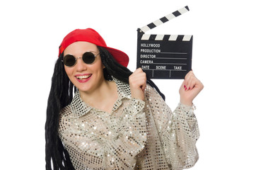 Girl with dreadlocks holding clapperboard isolated on white