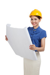 Asian engineer woman with blueprints