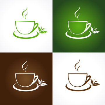 Tea company logo. The icon for cafes and teahouses with cup and tea leaves in vector.