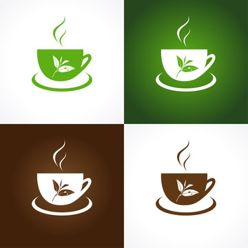 Tea company logo. The icon for cafes and teahouses with cup and tea leaves in vector.