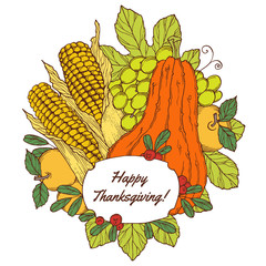 Thanksgiving Day greeting card with berries, vegetables and