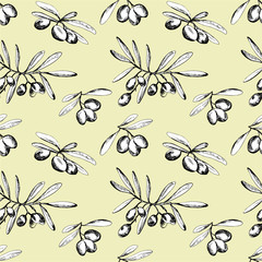 Seamless pattern with hand drawn olive branches