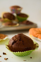 Freshly baked homemade chocolate muffin cupcake in green paper c