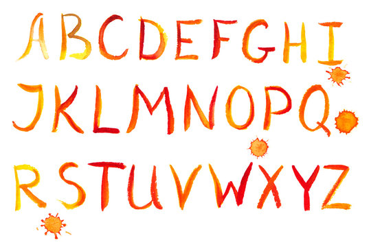 Painted red-yellow watercolor alphabet, isolated