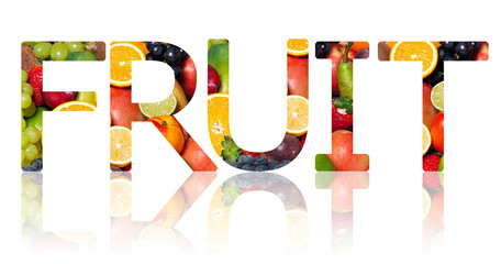 Das Wort FRUIT ausgeschnitten auf weißem Hintergrund
