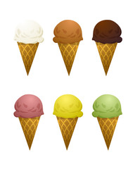Set of six ice cream cone with different tastes- vanilla
