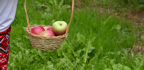 RESEN, MACEDONIA. SEPTEMBER, 27  2015- Boy and girl in traditional clothes posing with apples during festival Prespa apple picking 2015 in Resen, Macedonia