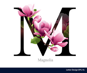 Letter M vector alphabet with magnolia flower. ABC concept type