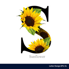 Letter S vector alphabet with sunflower. ABC concept type as log