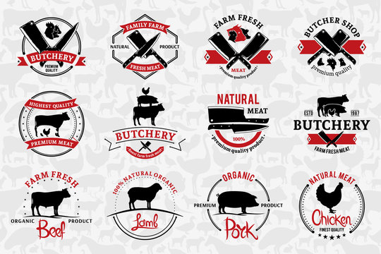 Butchery Logos, Labels, and Design Elements. Farm Animals Silhouettes and Icons