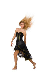 Naklejka premium Blond hair girl in black evening dress isolated on white