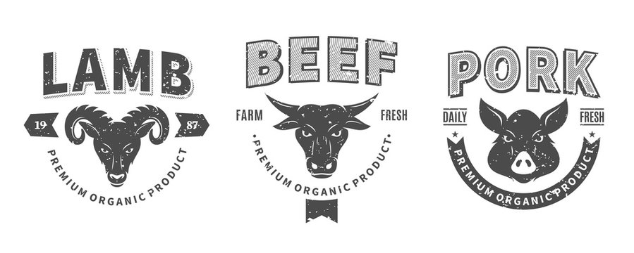Butchery Logos, Labels, Farm Animals Icons and Design Elements