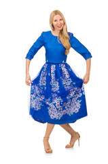 Woman in blue dress with flower prints isolated on white