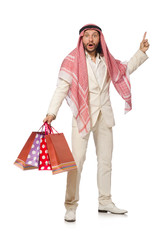 Arab man with shopping bags on white