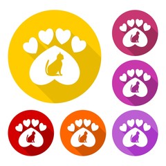 Paw Sign, Cat, Heart with long shadow set - illustration