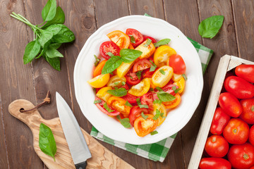 Fototapeta na wymiar Fresh colorful tomatoes and basil salad
