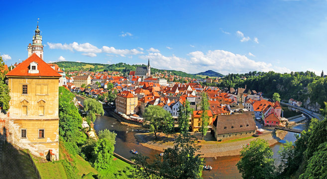 Aerial panoramic view of Cesky Krumlov and Vltava River
