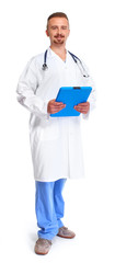 Young medical doctor with clipboard.