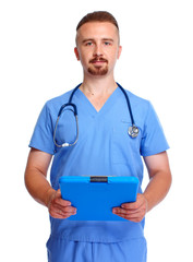 Young medical doctor with clipboard.