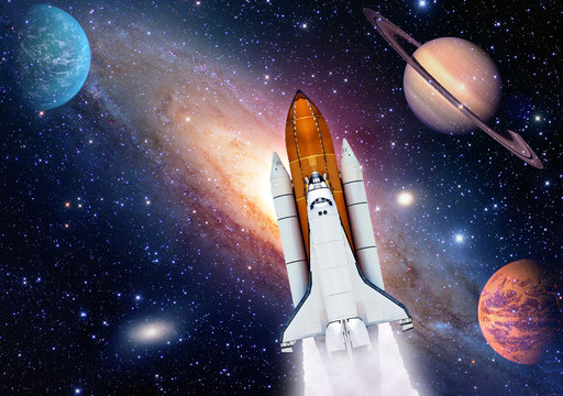Outer space travel shuttle rocket launch spaceship spacecraft planet. Elements of this image furnished by NASA.