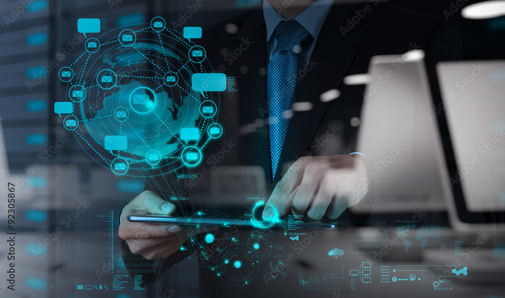 Poster businessman using tablet computer shows internet and social netw