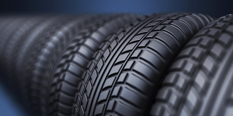 Row of rubber tire 3D, on blue background - obrazy, fototapety, plakaty
