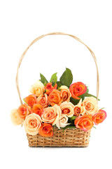 Fototapeta na wymiar Bouquet of orange roses in basket isolated on white