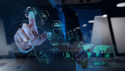 engineer works industry diagram on virtual computer as concept