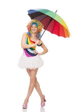 Woman with colorful umbrella on white