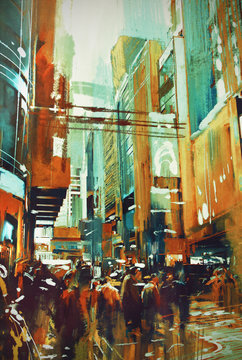 painting of people in modern urban city