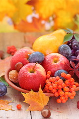 Naklejka na ściany i meble Autumn still life with assorted fruit, berries and nuts