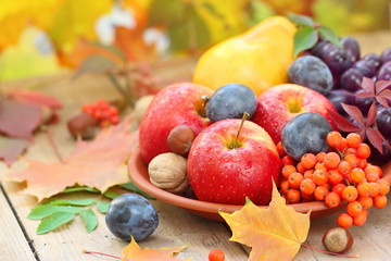 Autumn still life with assorted fruit, berries and nuts