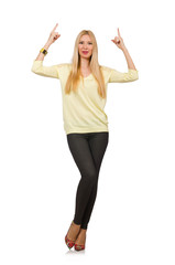 Obraz premium Pretty woman in yellow blouse isolated on white