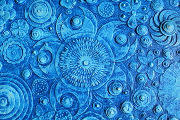 Abstract oil painting of blue mixed summer flowers, pattern with tropical floral surface, embossing ,carving and  3d print.