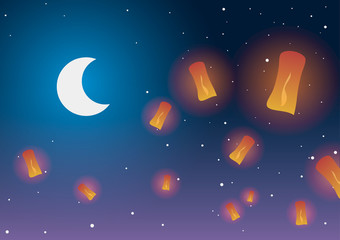 Vector illustration. Chinese lanterns against the stars and the moon.