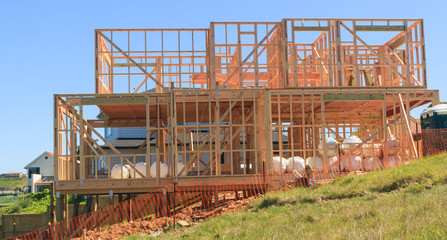 Fototapeta na wymiar Wooden house construction, building homes in New Zealand